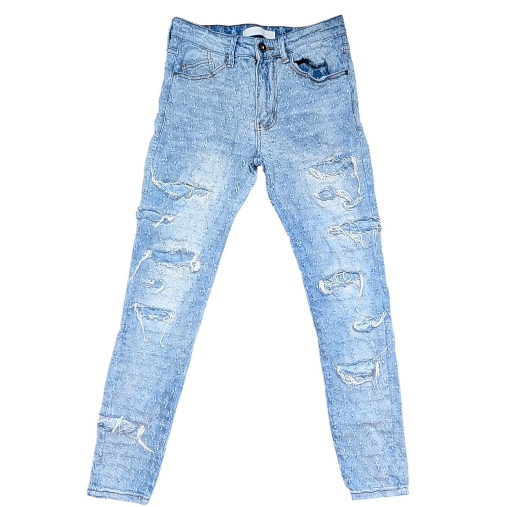KDNK Distressed Skinny Jeans Men 28 Light Blue Ripped Frayed Streetwear Denim